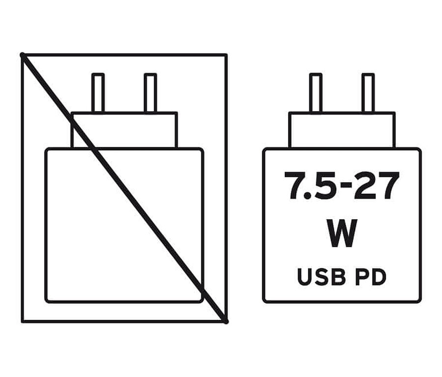 Skizze eines Ladegeräts mit der Aufschrift 7.5-27 W USB PD.