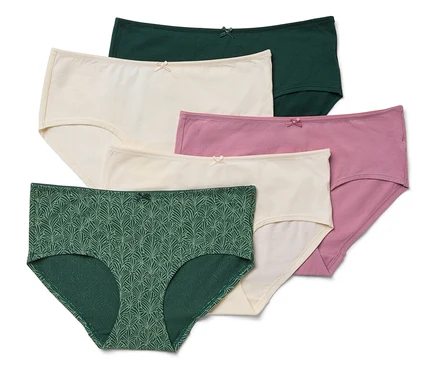 Ein Satz mit sechs Damenslips in verschiedenen Farben (Grün, Creme, Rosa) mit Schleife.