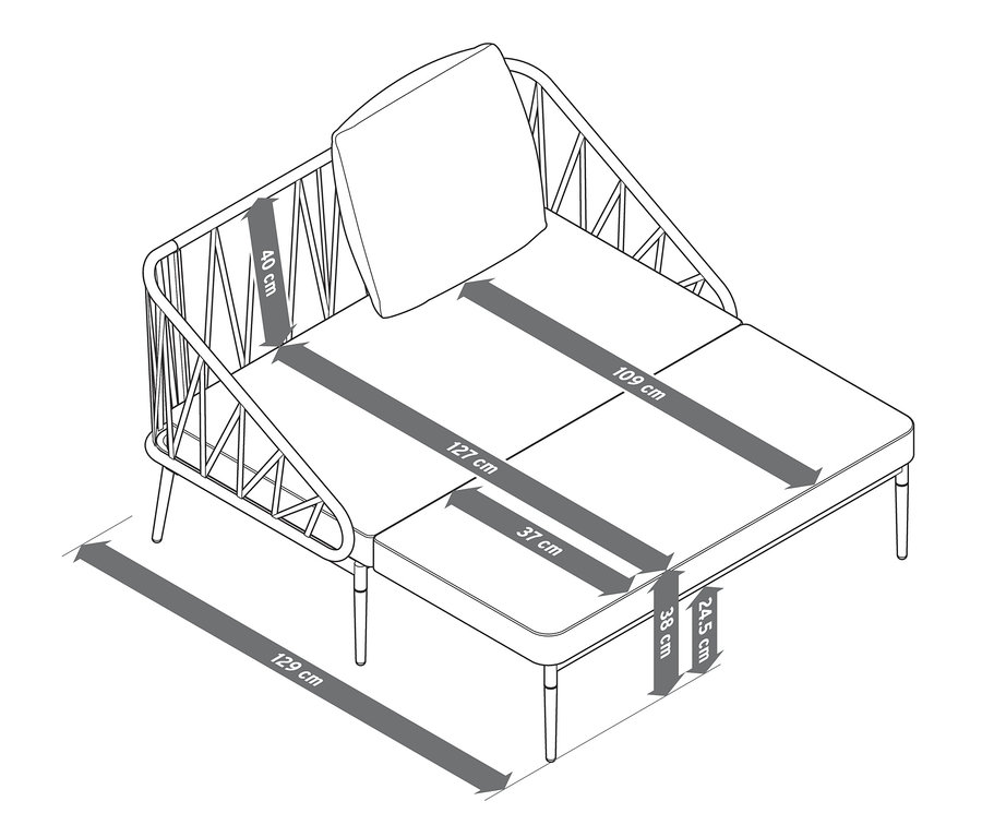 Eine Skizze von einem ausziehbaren Lounge-Sofa mit Bemaßung.