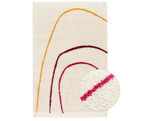 Beiger Hochflorteppich »Mirage« mit abstrakten gelben, braunen und pinkfarbenen Linien.