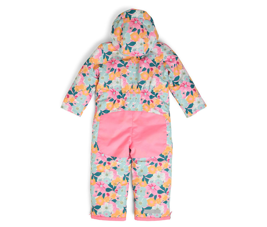 Blumengemusterter Overall mit Kapuze, von hinten.