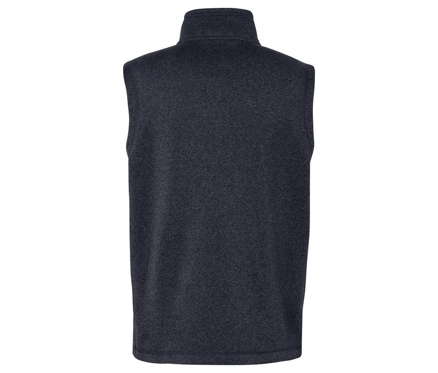 Detail der Rückseite einer dunkelblauen Fleeceweste mit Stehkragen.