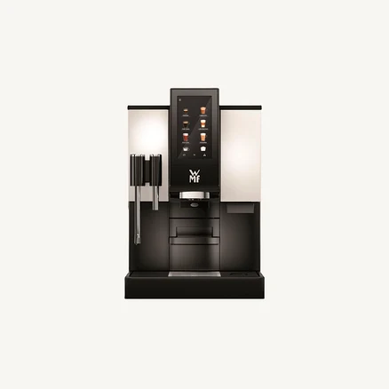 Ein Kaffeevollautomat in Schwarz und Weiß mit Touchscreen.