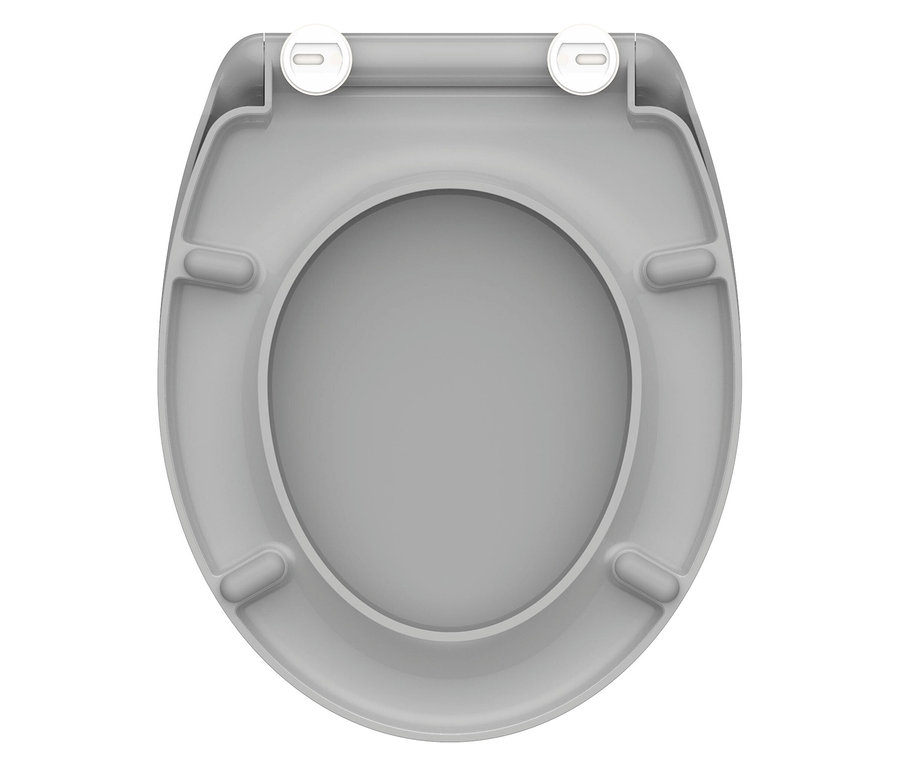 Draufsicht auf einen grauen Toilettensitz.