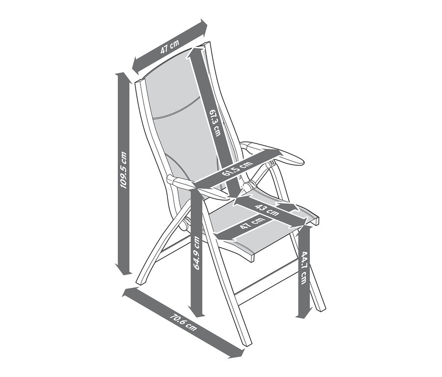 Illustration eines Hochlehners mit verstellbarer Rückenlehne und Maßangaben.