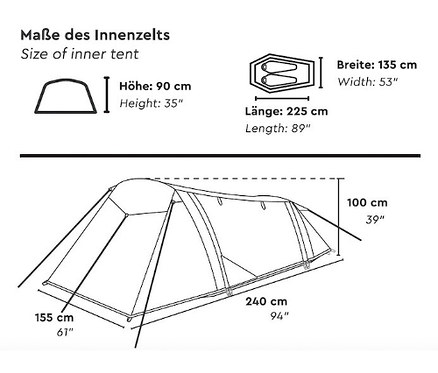 Abmessungen des Tambu 2-Personen-Trekkingzelts »SURAN 2«.