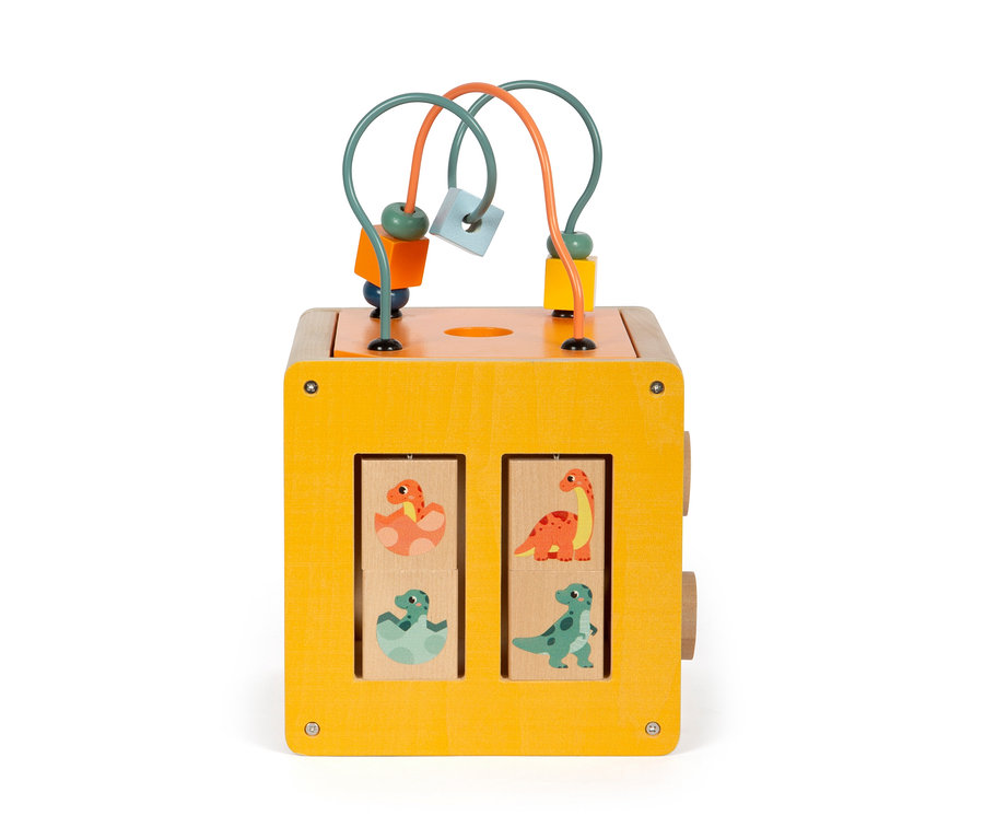 Gelber small foot Motorikwürfel Dino mit Dino-Motiven.