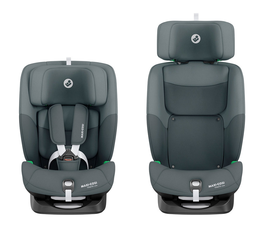 Grauer Maxi-Cosi Kinder-Autositz »Titan S«, i-Size, von vorne und von hinten gezeigt.