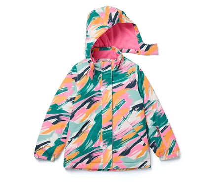 Jacke mit Kapuze mit Pinselstrichmuster in Grün, Pink, Orange, Blau und Schwarz.