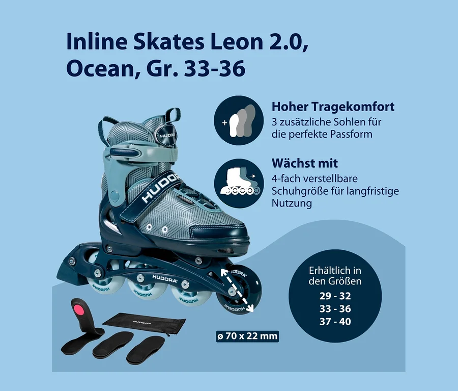 HUDORA Inline Skates »Leon 2.0«, Gr. 33–36, in Blau.