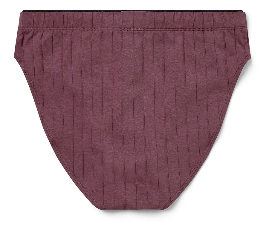 Detailaufnahme von violetten Damen Slips mit schwarzem Gummibund.