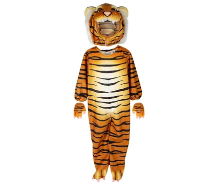 Orange-schwarz gestreiftes Tigerkostüm, bestehend aus Overall, Kapuze und Handschuhen.