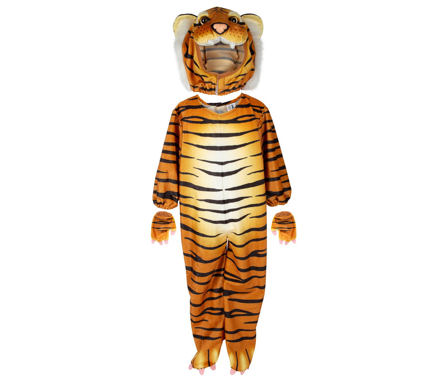 Orange-schwarz gestreiftes Tigerkostüm, bestehend aus Overall, Kapuze und Handschuhen.