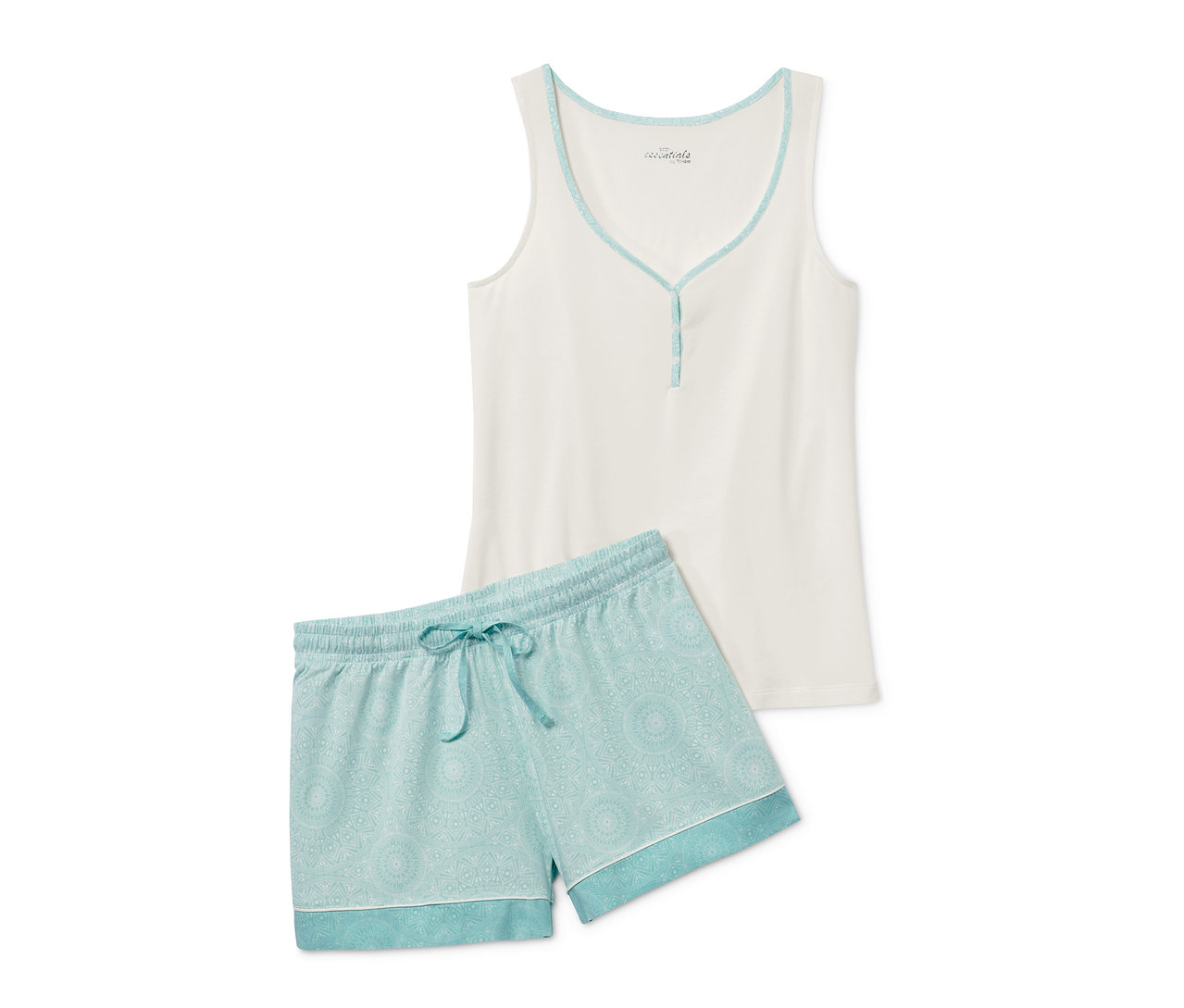 Weißer Shorty-Pyjama mit türkisfarbenen Akzenten und Mandala-Muster.