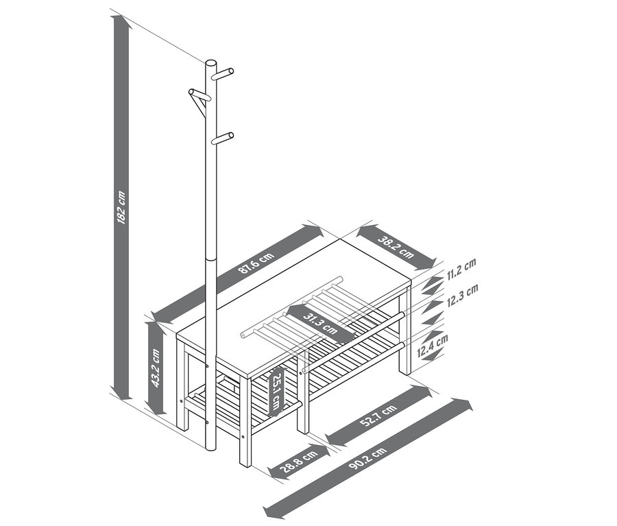 Abbildung einer Sitzbank mit Garderobenständer mit Größenangaben.