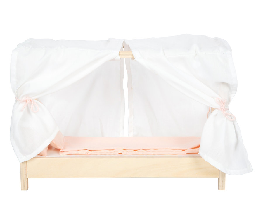 small foot Puppenhaus »Traumvilla XL« mit rosafarbener Bettwäsche und weißem Betthimmel.