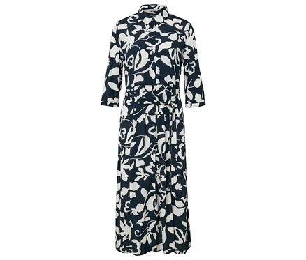 Langes Hemdkleid mit dunkelblauem Hintergrund und weißem Blumenmuster.