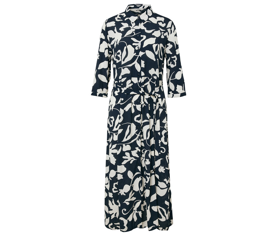 Langes Hemdkleid mit dunkelblauem Hintergrund und weißem Blumenmuster.