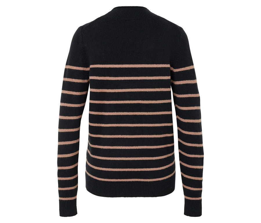 Rückansicht eines schwarzen Pullovers mit beigen horizontalen Streifen.