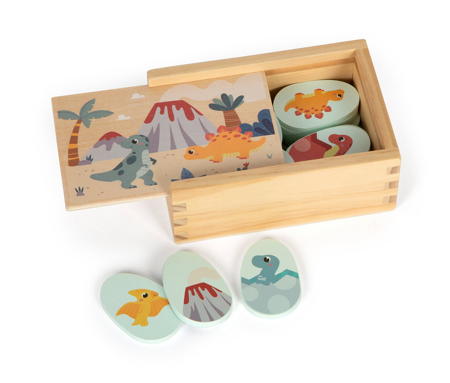 Ein hölzernes Dino-Puzzle-Set »Dino« von small foot in einer Holzkiste.