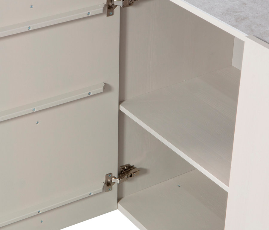 Geöffnete Tür und Einlegeböden des Woood Sideboards »Basu« kiefer dust.