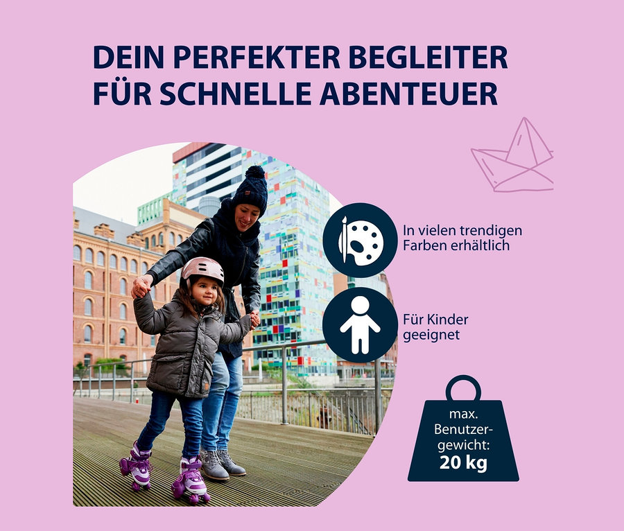 Eine Mutter hält die Hände ihrer Tochter, die lila HUDORA Rollschuhe »My First Quad« trägt.