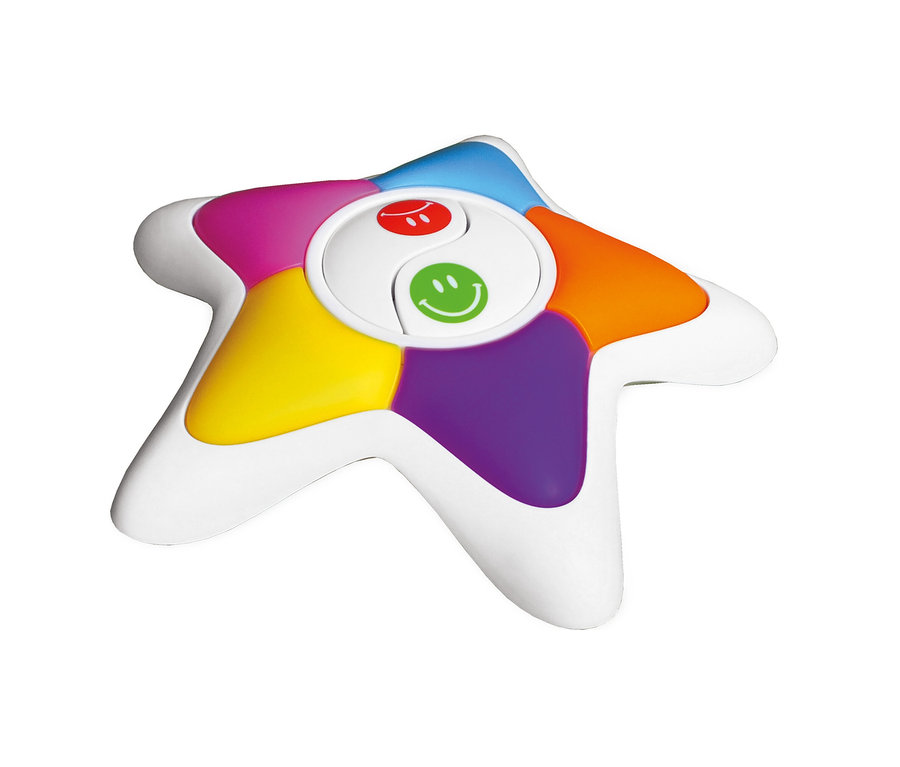 Spiel »Echt jetzt?!« Junior, ein sternförmiges Spielzeug mit farbigen Segmenten und Smiley-Tasten.