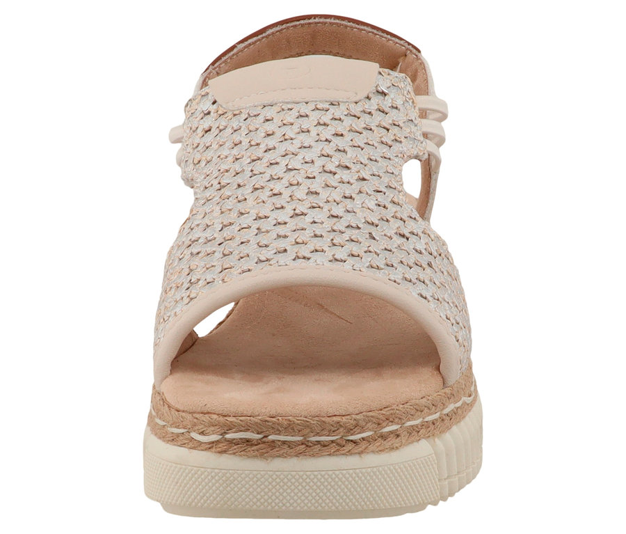 Beige Sandale mit geflochtenem Obermaterial und Plateausohle, Frontansicht.