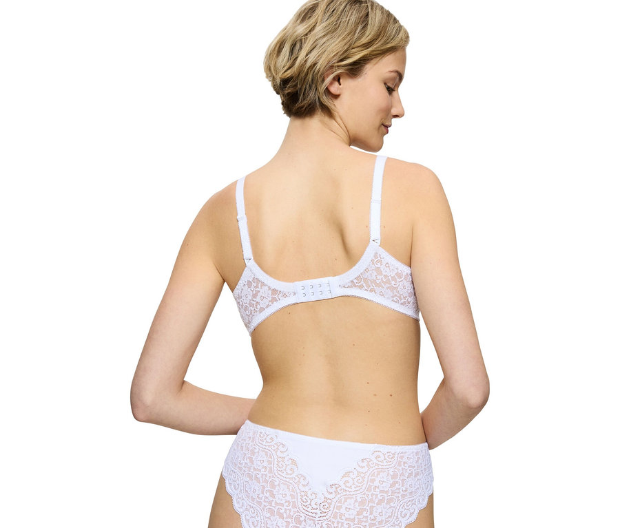 Rückansicht einer Frau mit weißer Spitzenwäsche.