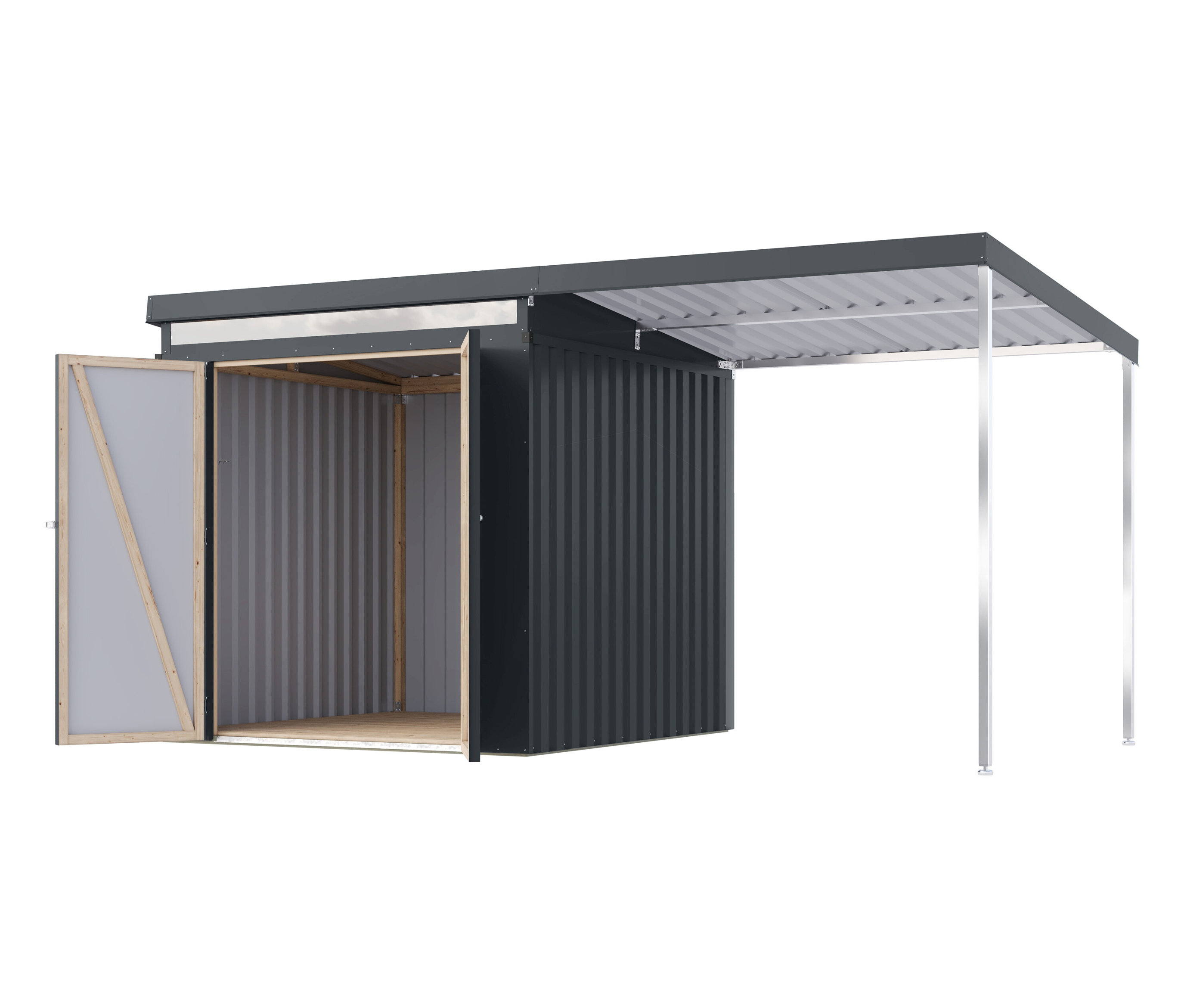 Karibu Metall-Gerätehaus »Anuke 2« mit 2-m-Anbaudach - 414x209x213cm - anthrazit - - Holz