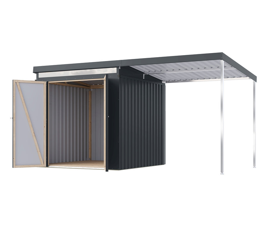 Das Bild zeigt ein Karibu Metall-Gerätehaus »Anuke 2« mit einem 2-m-Anbaudach. Die Tür des Gerätehauses ist geöffnet.
