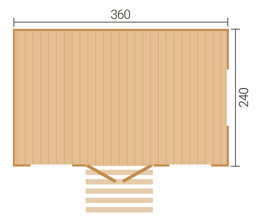 Draufsicht eines Holzhauses mit den Maßen 360 x 240 und einer Treppe.