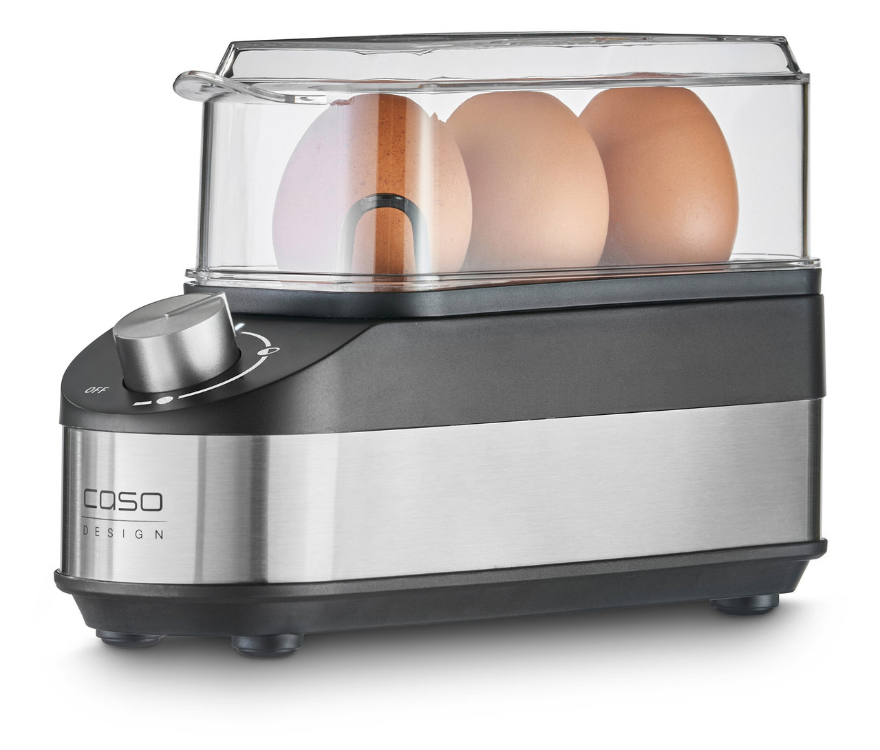 Drei Eier in einem Eierkocher E3 mit transparentem Deckel.