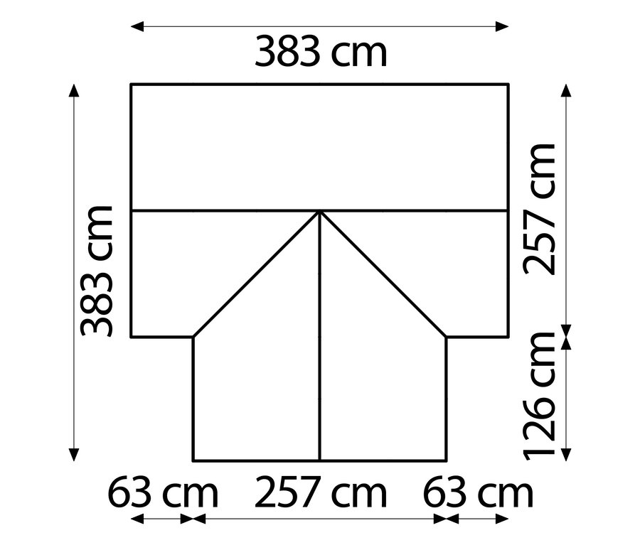 Draufsicht des Vitavia Gewächshauses mit Maßangaben, 383 x 383 cm oben, 257 x 126 cm Seiten, 257 x 63 cm unten.