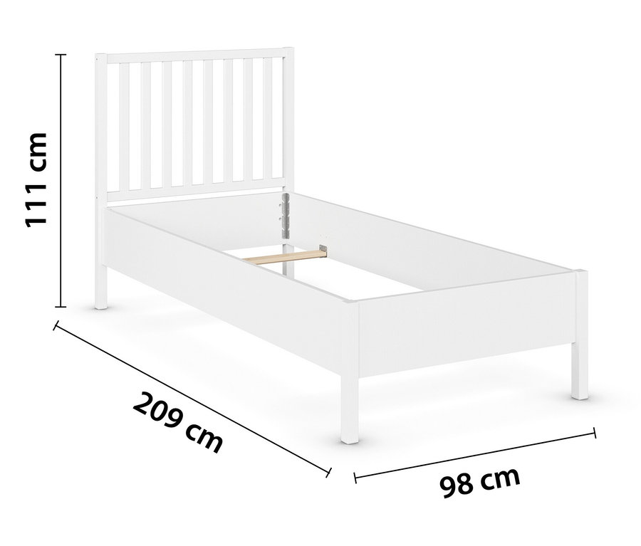 Weißes Einzelbettgestell mit den Maßen 111 cm Höhe, 209 cm Länge und 98 cm Breite.