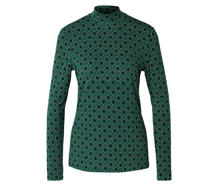 Grün gemustertes Langarmshirt mit Stehkragen vor neutralem Hintergrund.