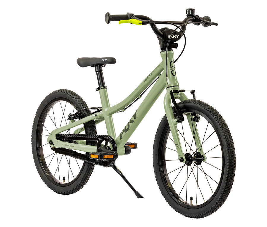 Das PUKY Fahrrad LS-PRO 18 in Mintgrün steht auf einem Ständer und ist von vorne zu sehen.
