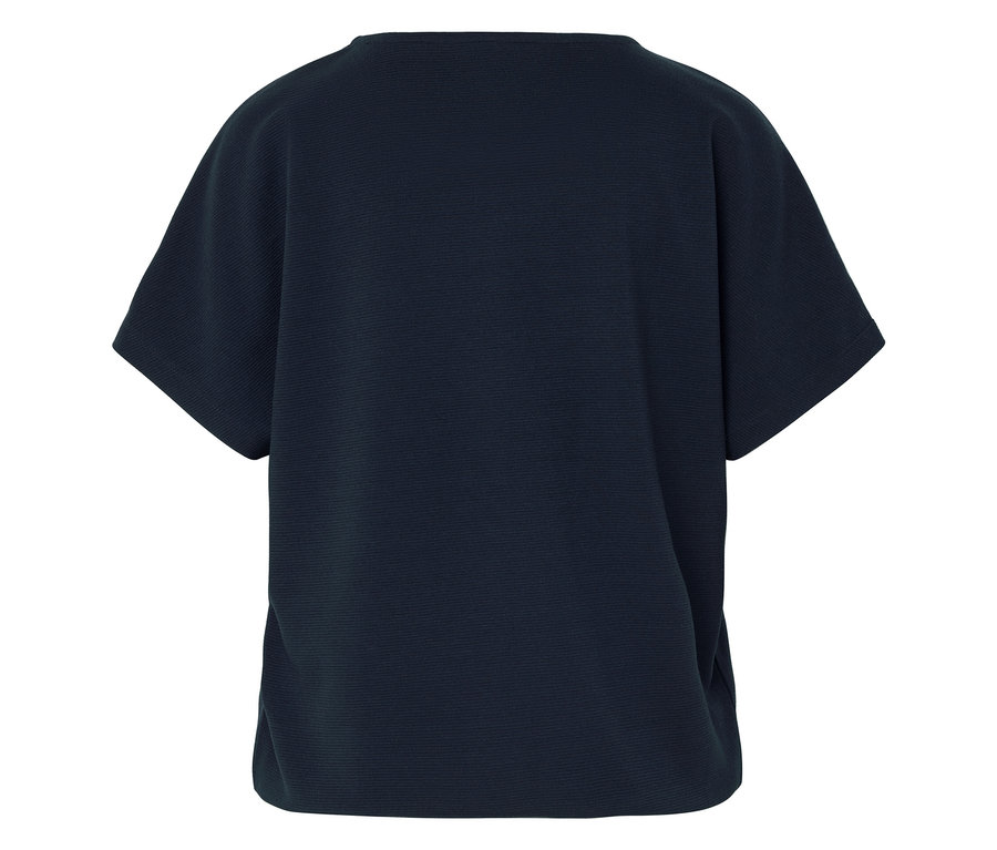 Dunkelblaues T-Shirt mit kurzen Ärmeln, von hinten fotografiert.