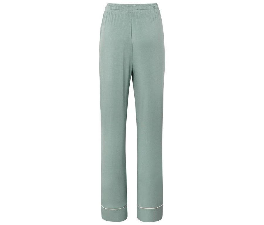 Rückansicht einer langen, hellgrünen Pyjamahose mit weißem Saum.