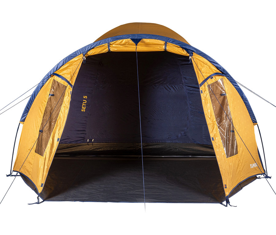 Offenes Tambu »SETU 5« 5-Personen-Kuppelzelt in Gelb und Blau.
