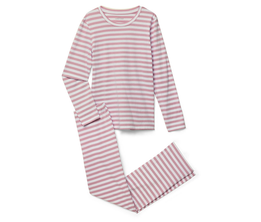 Gestreifter, langärmliger Schlafanzug in Rosa und Weiß, bestehend aus Oberteil und Hose.