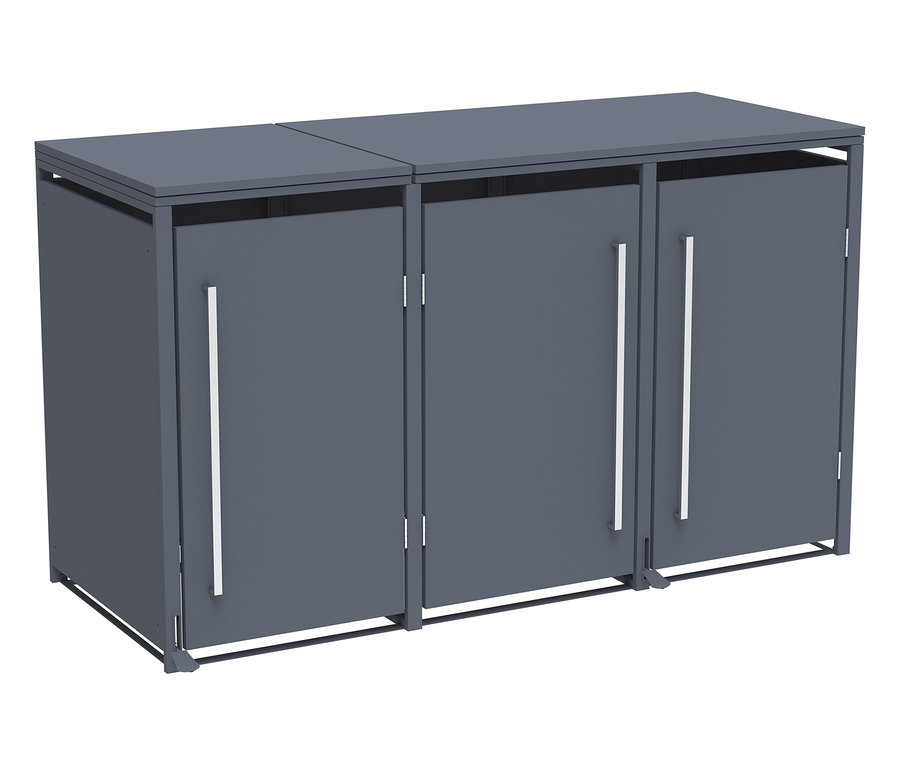 Drei graue Mülltonnenboxen mit silbernen Griffen stehen nebeneinander.