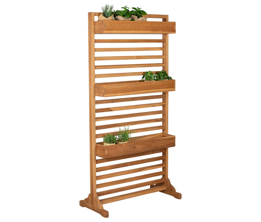 Ein deVries Sichtschutz mit drei Regalen beherbergt Pflanzen.