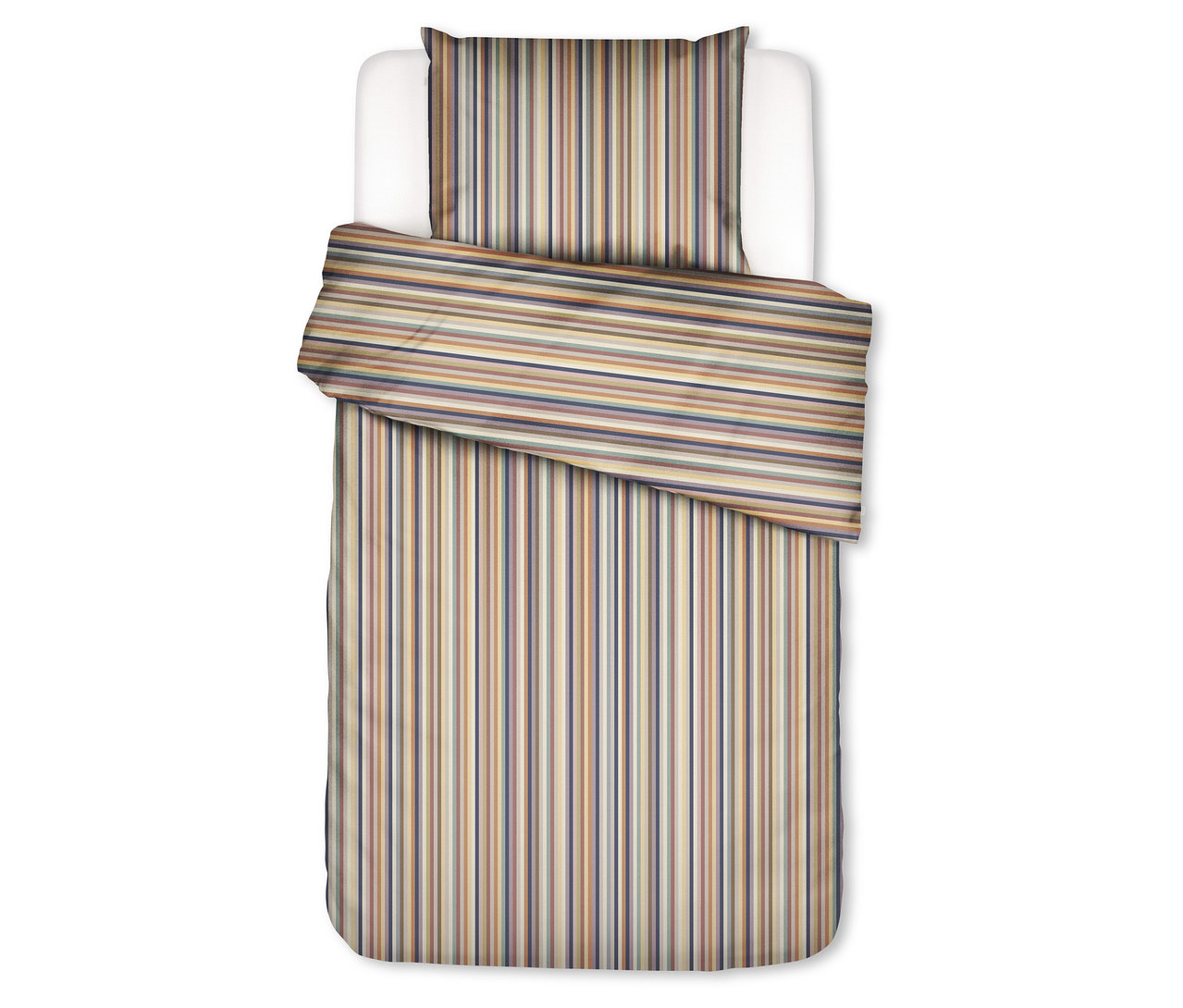 Essenza Satin-Bettwäsche »Donna« mit gestreiftem Muster. Der Bettbezug hat vertikale Streifen, der Kissenbezug horizontale Streifen in Braun-, Beige-, Blau- und Grüntönen.