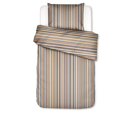 Essenza Satin-Bettwäsche »Donna« mit gestreiftem Muster. Der Bettbezug hat vertikale Streifen, der Kissenbezug horizontale Streifen in Braun-, Beige-, Blau- und Grüntönen.