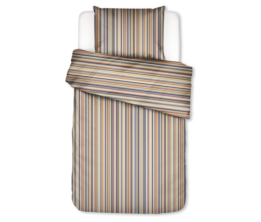 Essenza Satin-Bettwäsche »Donna« mit gestreiftem Muster. Der Bettbezug hat vertikale Streifen, der Kissenbezug horizontale Streifen in Braun-, Beige-, Blau- und Grüntönen.