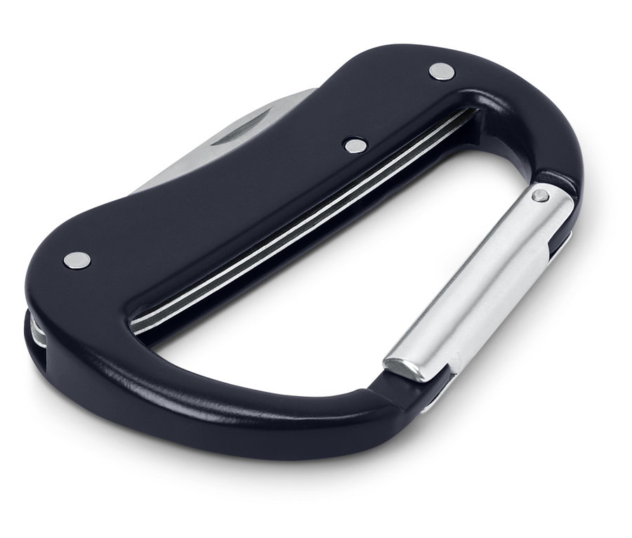 Nahaufnahme eines schwarzen Karabiners mit eingebautem Messer.