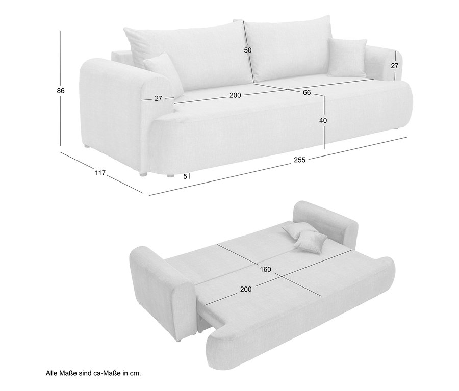 Abbildung eines weißen Schlafsofas mit Maßangaben in Zentimetern.