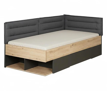 Das Roba Jugendbett »Marvin« (90 x 200 cm) ist ein Einzelbett mit hellbraunem Holzrahmen, grauen Schubladen und einer gepolsterten grauen Rückenlehne.