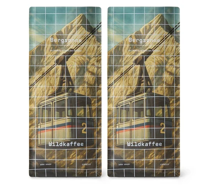 Zwei Packungen Wildkaffee - Bergsonne Espresso - 2x1 kg Ganze Bohne mit Gondel-Motiv.